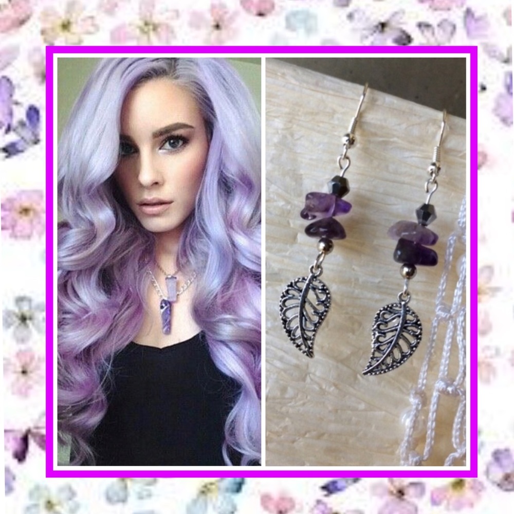 🌸 AMETHYST DANGLE DROP GEMSTONE METAL LEAF EARRINGS GYPSY BOHO PURPLE GEM TREND - Picture 1 of 7